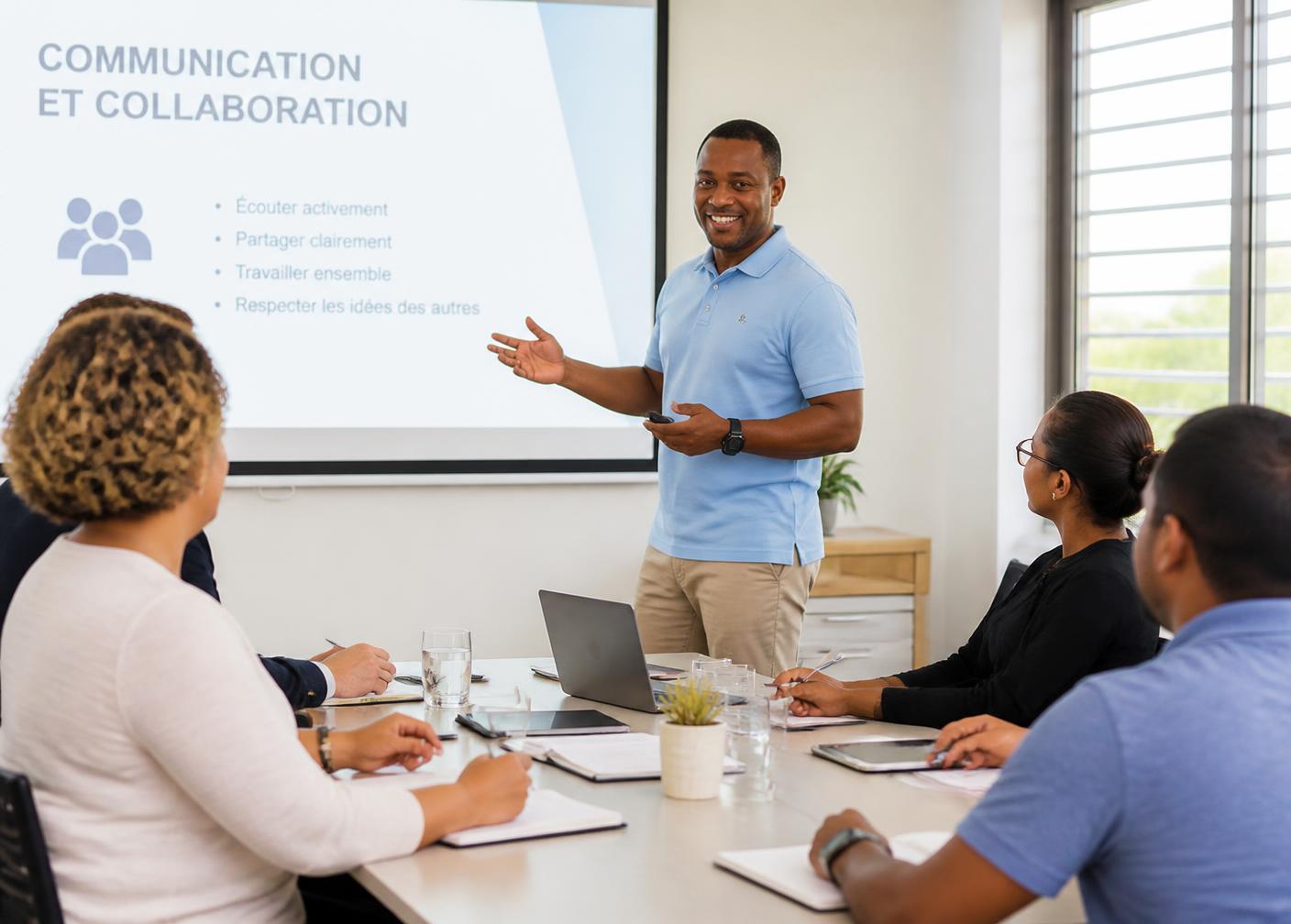 Session de formation santé et sécurité au travail animée devant un groupe de salariés