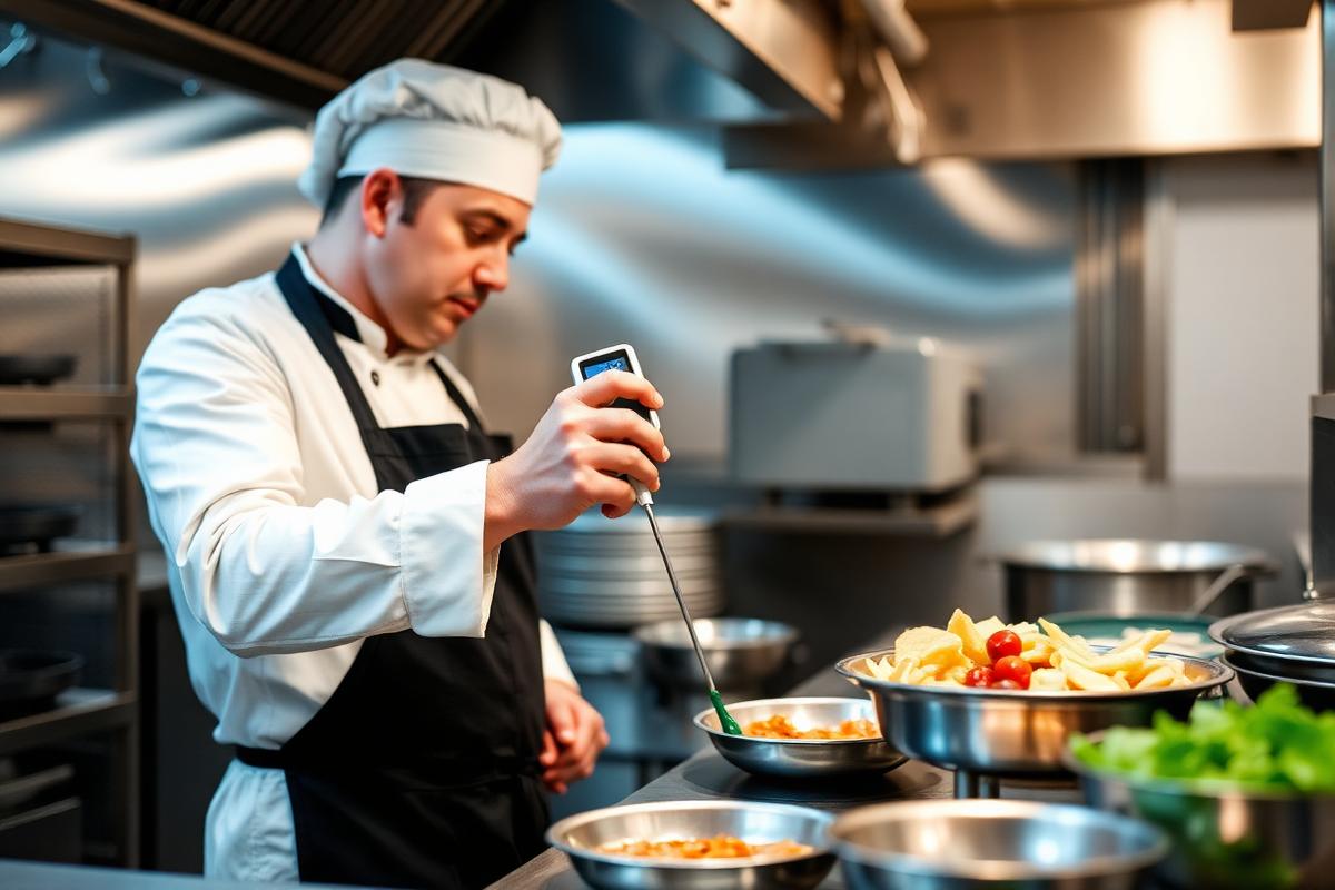 Chef contrôlant la température d'une préparation en cuisine professionnelle
