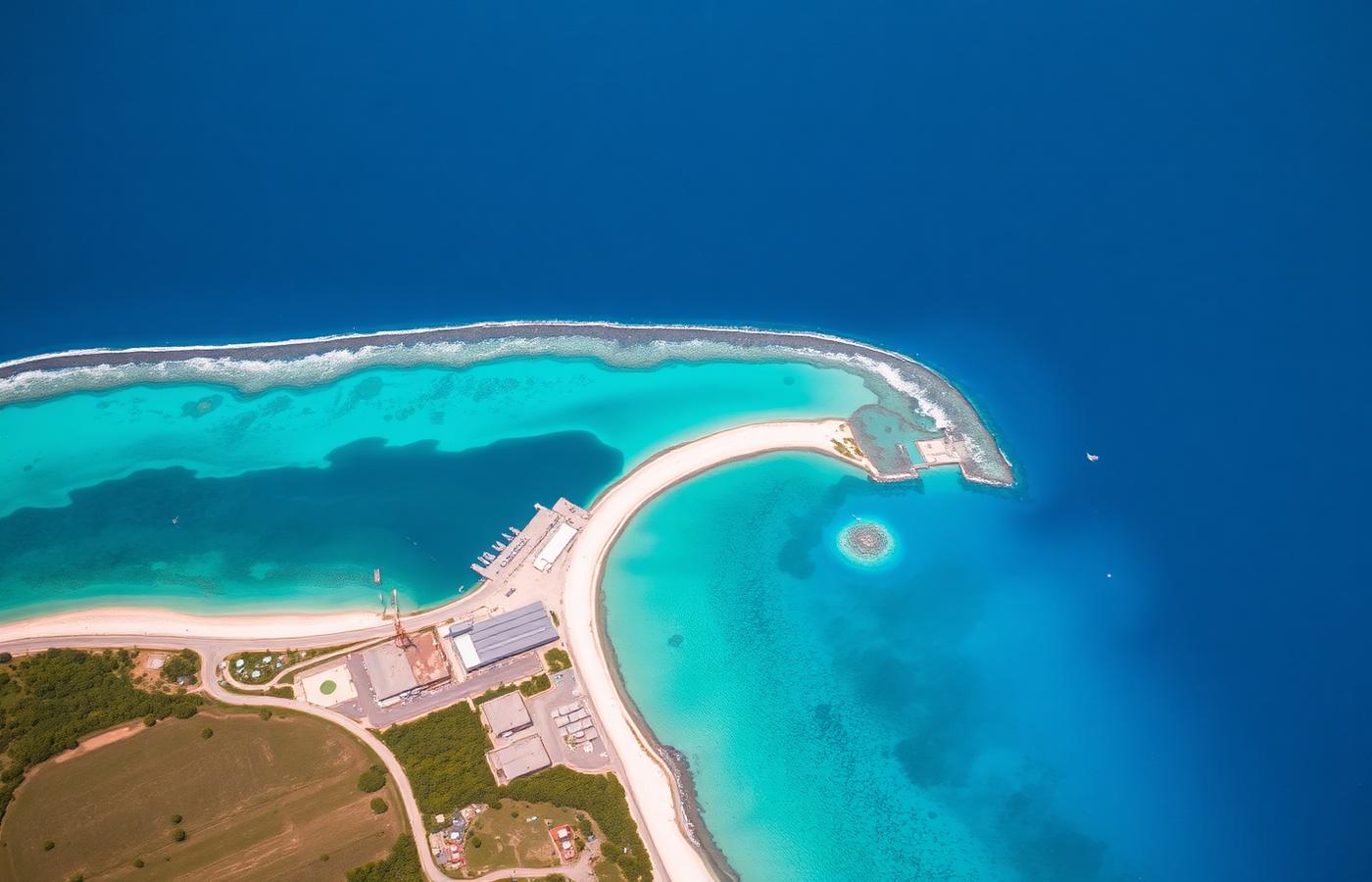 Vue aérienne d'un littoral antillais avec zone portuaire et bâtiments d'activité